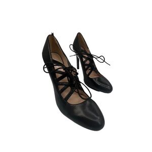 Nine West Black Leather Sasafraso Strappy Lace Up Heels Size 9 Women’s